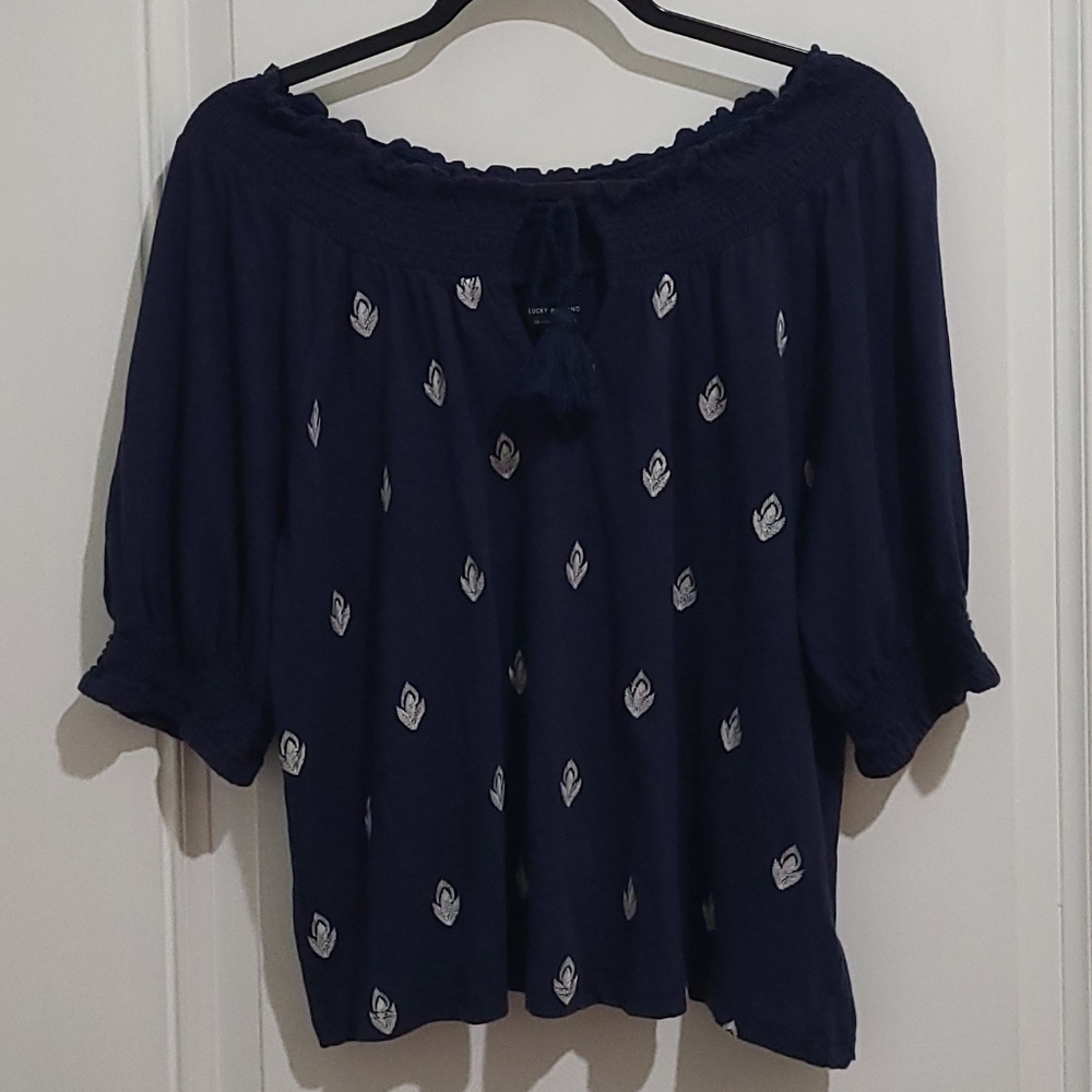 Lucky Brand Navy 3/4 Sleeve Smocked Blouse with Tassle Tie Front